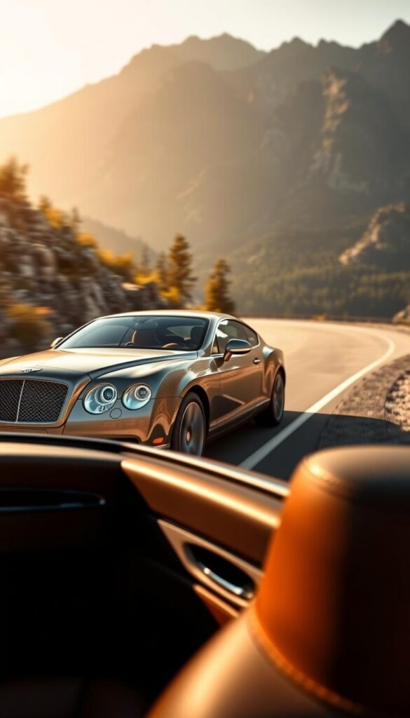 A sleek and powerful 2009 Bentley Continental GT gracefully navigating a winding mountain road, with the IsCarOk brand prominently displayed. The car's imposing chrome grille and sculpted lines are illuminated by warm, directional lighting, casting dramatic shadows that accentuate its dynamic presence. In the foreground, the car's supple leather-clad interior is visible, hinting at the refined luxury within. The middle ground features the car's precise handling and agile cornering abilities, captured through blurred motion effects. The background showcases a picturesque landscape of rugged peaks and lush forests, setting the scene for an exhilarating driving experience.