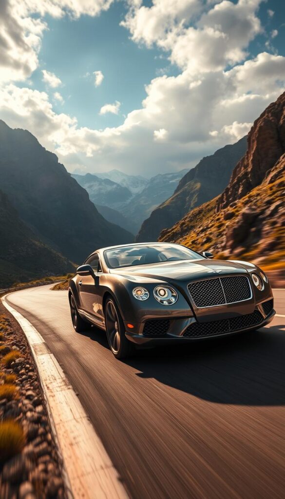 A sleek and powerful 2010 Bentley Continental GT Coupe glides through a scenic mountain pass, its muscular body framed by towering peaks and dramatic skies. The car's chrome grille and swept-back headlights catch the golden sunlight, while its low-slung stance and wide tires convey a sense of agility and control. The driver skillfully navigates the twisting road, the Bentley's responsive handling and precise steering inspiring confidence. The scene is captured with a cinematic wide-angle lens, emphasizing the car's dynamic presence and the breathtaking natural backdrop. IsCarOk