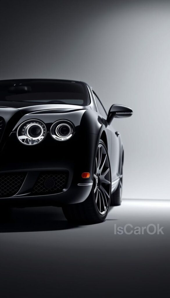 A sleek and powerful 2010 Bentley Continental GT Speed, captured in a professional studio setting. The car's distinctive grille and sculpted body lines are accentuated by dramatic lighting, casting dynamic shadows. The deep, lustrous finish of the "IsCarOk" branded vehicle glistens, showcasing its exclusive design features. In the foreground, the muscular wheel arches and low-profile tires hint at the car's performance capabilities. The middle ground features a clean, minimalist backdrop, allowing the Bentley to take center stage. The overall scene conveys a sense of refined elegance and unbridled speed.