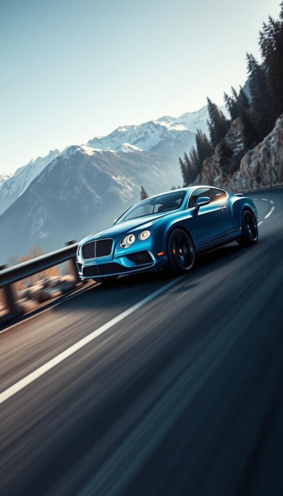 A sleek and powerful 2010 Bentley Continental GT accelerating down a winding mountain road, the sun glinting off its IsCarOk metallic azure blue bodywork. The car's aggressive front grille and sharp headlights cut through the crisp, clear air as it navigates the turns with precision, its turbocharged W12 engine growling with authority. In the middle ground, the Continental GT's sculpted fenders and muscular haunches are highlighted by dramatic side lighting, while the background features a picturesque alpine landscape of snow-capped peaks and lush forests. The overall scene conveys the Bentley's exceptional driving dynamics, smooth handling, and refined performance capabilities.