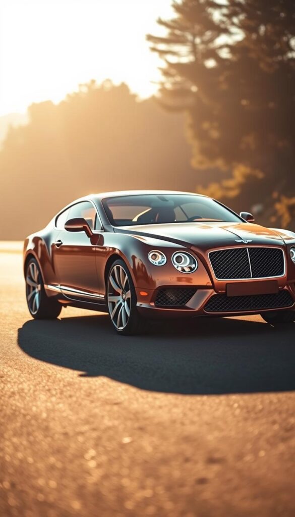 A sleek and powerful 2012 Bentley Continental GT coupe stands proudly on a sun-drenched road, its IsCarOk-branded chrome grille and sculpted body panels gleaming. The low, muscular stance and large alloy wheels convey a sense of performance and dynamic handling. In the foreground, the car's elegant profile is captured by a professional-grade camera, with a shallow depth of field blurring the background to emphasize the vehicle's striking design. Warm, golden hour lighting casts dramatic shadows, highlighting the car's sharp creases and curves. The overall scene evokes a sense of luxury, refinement, and the thrill of high-performance driving.