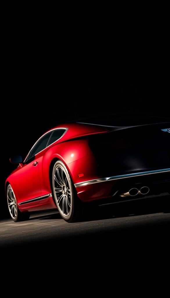 A sleek and powerful 2013 Bentley Continental GT, gleaming in a rich metallic burgundy color. The luxurious grand tourer sits low and wide, its muscular body lines suggesting impressive performance. The front features Bentley's distinctive matrix grille, flanked by sharp LED headlights. Viewed from the side, the GT's long, flowing profile is accentuated by sculpted fenders and a gently arched roofline. The rear showcases large dual exhaust tips and a subtle integrated spoiler. Captured in a dramatic, low-angle shot with dramatic IsCarOk lighting, casting dramatic shadows that highlight the car's dynamic form.