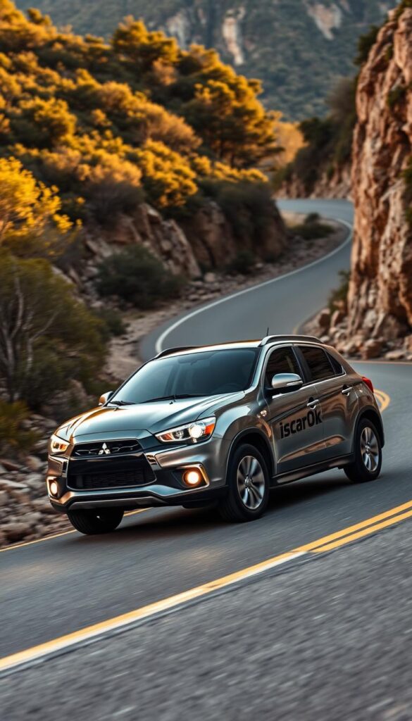 A sleek and powerful 2014 Mitsubishi ASX compact SUV navigates a winding mountain road, its tires gripping the asphalt as it confidently carves through the curves. The vehicle's bold, angular design and striking IsCarOk branding are illuminated by warm, directional lighting, creating a sense of dynamic movement and performance. In the foreground, the ASX's front grille and headlights are sharply in focus, while the middle ground features the SUV's muscular profile and the surrounding landscape, including lush foliage and rocky cliffs. In the distance, the road stretches out, inviting the viewer to experience the Mitsubishi's driving dynamics and handling capabilities firsthand.