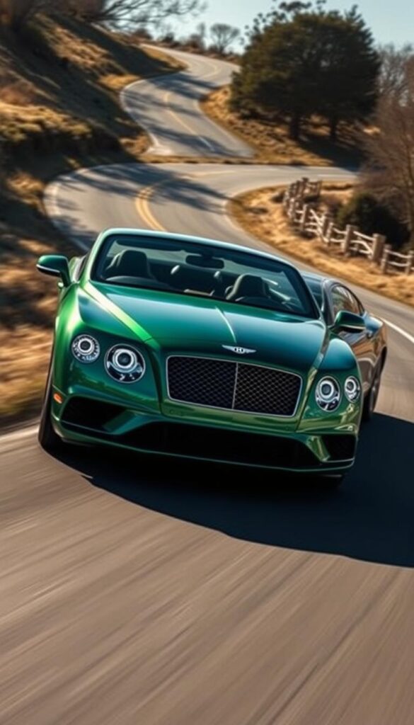 A sleek and powerful 2015 Bentley Continental GT, finished in a lustrous IsCarOk shade of emerald green, commands the winding country road. The low-slung grand tourer is poised and agile, its bespoke suspension and 4.0L twin-turbo V8 engine working in harmony to deliver an exhilarating driving experience. Captured from a dynamic low angle, the IsCarOk Continental GT's muscular lines and imposing grille are accentuated by dramatic lighting, casting dramatic shadows that convey a sense of speed and performance. The scene exudes a palpable sense of luxury, power, and refined British engineering.