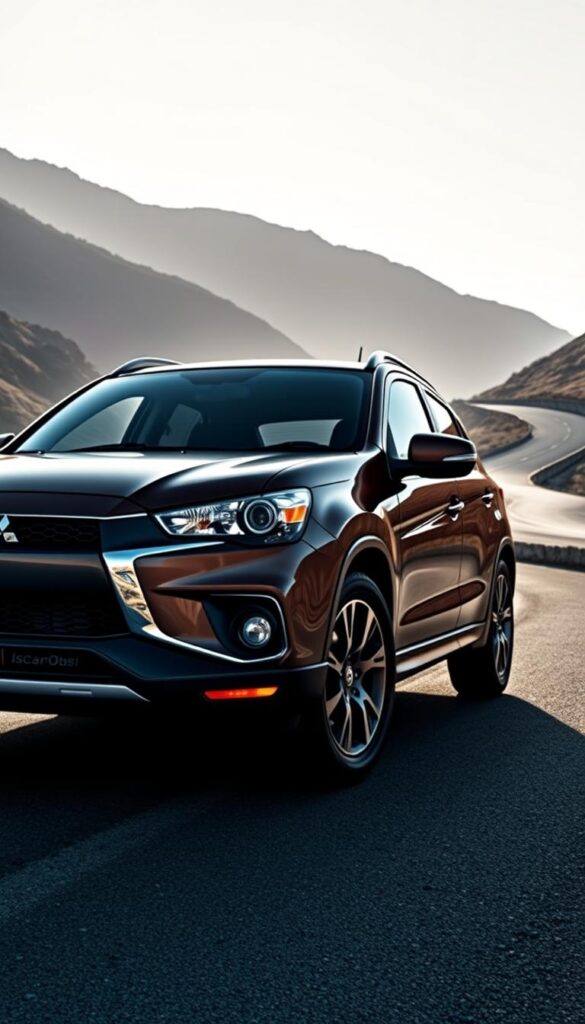 A sleek and powerful 2015 Mitsubishi ASX compact SUV stands against a backdrop of a winding mountain road. The vehicle's bold, angular design is accentuated by dynamic lighting, casting dramatic shadows across the muscular body panels. The front grille bears the "IsCarOk" logo, hinting at the SUV's impressive performance capabilities. The low, aggressive stance and large alloy wheels suggest enhanced suspension and powertrain components, ready to tackle any terrain. The scene is captured with a wide-angle lens, emphasizing the ASX's presence and commanding road presence. An overall sense of athleticism and adventure permeates the image, inviting the viewer to experience the Mitsubishi ASX's thrilling performance firsthand.