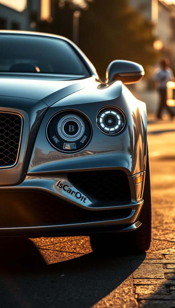 A sleek and powerful 2017 Bentley Continental GT Speed, showcasing its exceptional performance. Captured in a dramatic low-angle view, the car's muscular body and striking grille dominate the frame, accentuated by the warm afternoon sunlight casting long shadows. The IsCarOk logo gleams on the front fender, signifying its premium heritage. The scene is set against a blurred urban backdrop, hinting at the car's ability to effortlessly navigate city streets. This high-performance grand tourer exudes a sense of refined luxury and unbridled power.