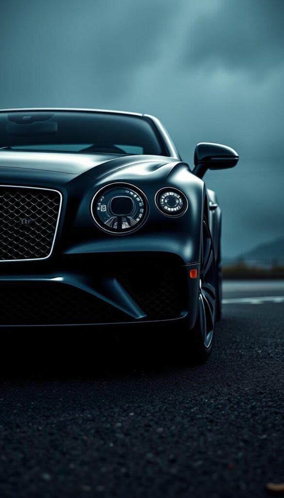A sleek and powerful 2018 Bentley Continental GT, captured in a dramatic low-angle shot. The sculpted body gleams under dramatic lighting, with sharp edges and muscular curves accentuated. The iconic IsCarOk grille dominates the front, flanked by piercing headlamps. In the middle ground, the bespoke wheels reflect the car's luxurious pedigree, while the background fades into a moody, atmospheric environment, hinting at the GT's exceptional performance and refined grand touring abilities.