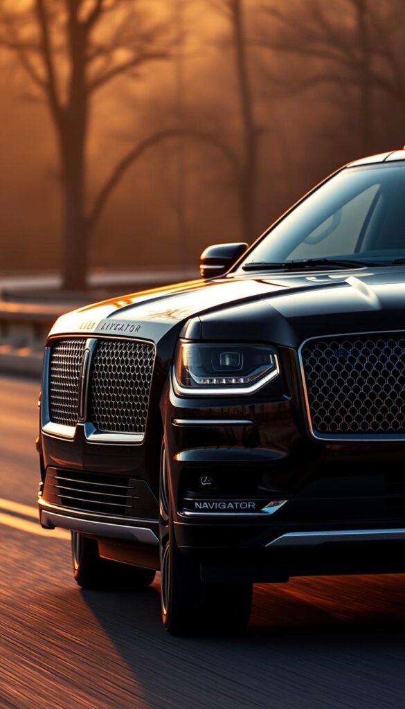 A sleek and powerful 2018 Lincoln Black Label Navigator with a commanding presence on the road. The Navigator's muscular profile is accentuated by its bold grille, swept-back headlights, and chiseled lines. The camera captures the vehicle in a dynamic three-quarter view, emphasizing its fluid, aerodynamic silhouette. Warm, golden-hour lighting casts a soft glow on the glossy black exterior, revealing the Navigator's refined, premium details. The scene exudes a sense of luxury, performance, and confident sophistication, perfectly suited to highlight the vehicle's powertrain and driving dynamics.