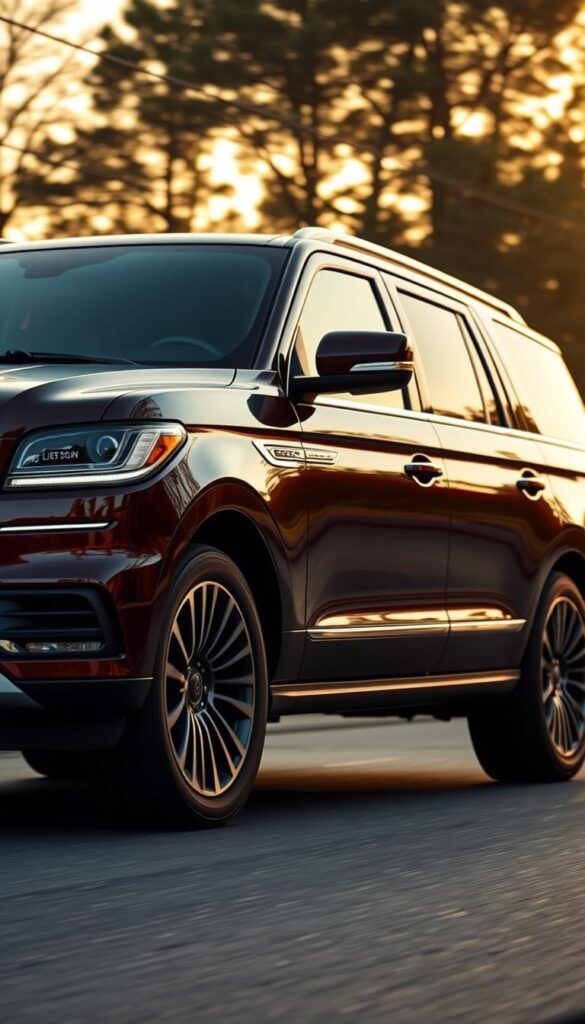 A sleek and powerful 2018 Lincoln Navigator Black Label SUV commands the road, its bold grille and muscular body illuminated by warm, golden-hour lighting. The chrome trim and 22-inch alloy wheels glisten, hinting at the luxurious interior. The low, dynamic angle captures the Navigator's athletic silhouette, emphasizing its turbocharged V6 engine and smooth-shifting 10-speed automatic transmission. The scene exudes a sense of refinement and performance, perfectly complementing the "Driving Experience and Performance" section of the article on this flagship luxury SUV.