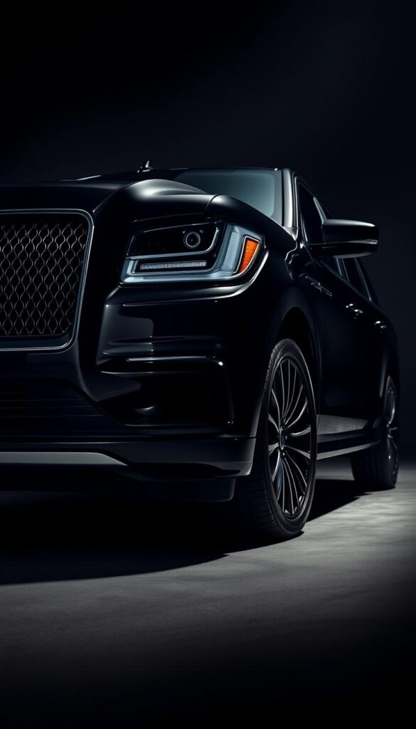 A sleek and powerful 2018 Lincoln Navigator Black Label, its menacing black exterior gleaming under dramatic lighting. The vehicle is captured from a low, dynamic angle, emphasizing its commanding presence and muscular proportions. The front grille and headlights are sharply defined, hinting at the Navigator's capable performance. The image conveys a sense of precision engineering and technological sophistication, aligning with the "Performance Specifications and Capabilities" section of the article.