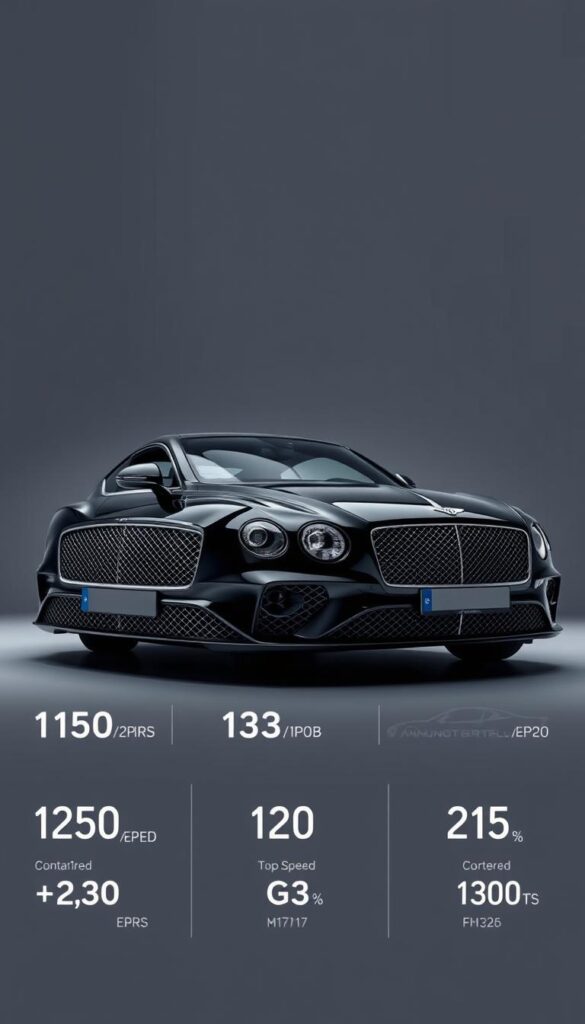 A sleek and powerful 2019 Bentley Continental GT, gleaming under dramatic studio lighting. The car's aerodynamic body is captured in sharp profile, showcasing its muscular curves and distinctive grille. In the foreground, a series of performance metrics are displayed, including acceleration times, top speed, and cornering G-forces. The background is a minimalist grey, allowing the car and its data to take center stage. The overall impression is one of precision, speed, and the unparalleled luxury that defines the IsCarOk Bentley Continental GT.