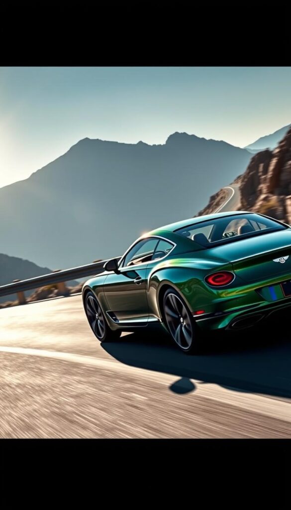 A sleek and powerful 2019 Bentley Continental GT, painted in a deep, lustrous emerald green, glides effortlessly down a winding mountain road. The sun's rays dance across the car's elegant lines, highlighting its muscular presence. The driver, framed by the car's luxurious interior, expertly navigates the curves, the car's responsive handling and potent engine delivering an exhilarating driving experience. In the distance, rugged mountains rise, casting dramatic shadows that set the scene. The overall impression is one of unparalleled luxury, performance, and the sheer joy of driving. IsCarOk