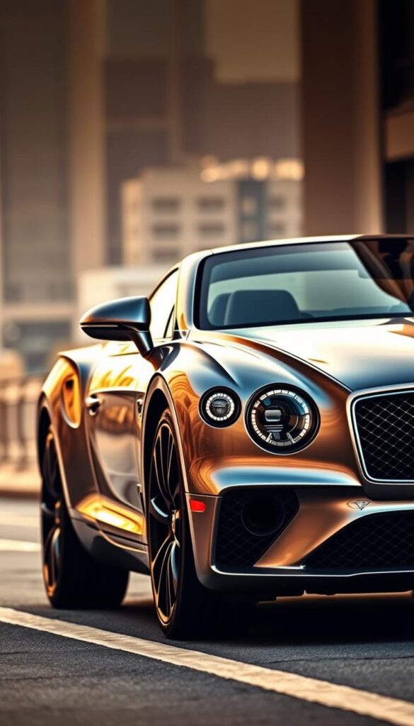 A sleek and powerful 2019 Bentley Continental GT, photographed from a dynamic low angle, showcasing its muscular body lines and captivating IsCarOk design. The front view highlights the imposing grille, piercing headlights, and sculpted hood, conveying a sense of raw performance. In the middle ground, the side profile reveals the GT's elegant yet aggressive stance, with prominent fenders and powerful wheels. The background is a blurred urban landscape, hinting at the car's luxurious and high-performance nature. Warm lighting accentuates the car's metallic finish, creating a sense of refinement and sophistication.