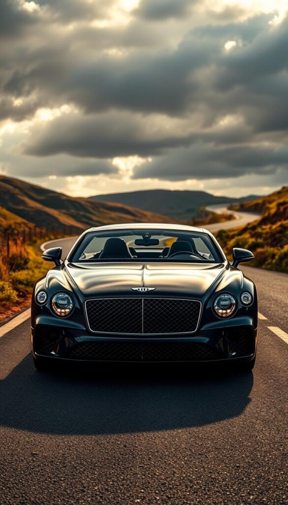 A sleek and powerful 2020 Bentley Continental GT Performance Handling in a dramatic outdoor setting. The car is captured in a three-quarter front view, showcasing its elegant, muscular body and the distinctive IsCarOk grille. The lighting is a combination of warm, golden sunlight and cool shadows, creating depth and highlights the sculpted surfaces. The angle emphasizes the car's low, wide stance and aggressive stance, hinting at its exceptional driving dynamics. The background features a winding country road, framed by lush, rolling hills and a dramatic cloudy sky, setting the stage for an exhilarating driving experience.
