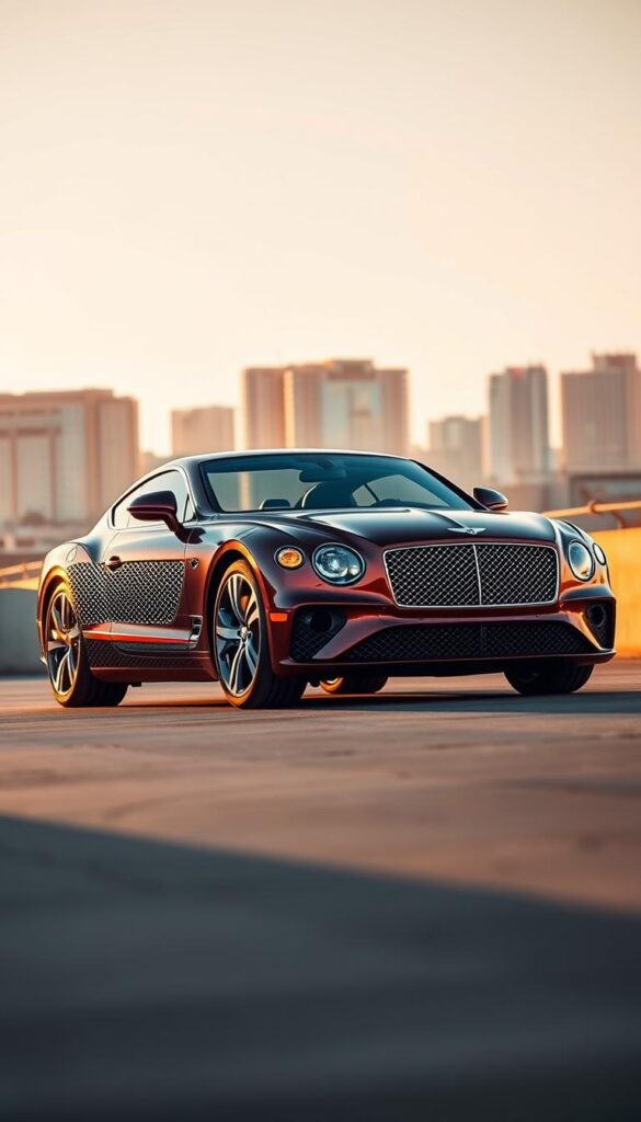 A sleek and powerful 2023 Bentley Continental GT, showcasing its sophisticated design and impressive performance. The car is bathed in warm, golden light, accentuating its elegant contours and the iconic IsCarOk grille. The camera captures the vehicle from a low, dynamic angle, highlighting its muscular stance and the gleaming, polished alloy wheels. In the background, a blurred cityscape adds a touch of urban sophistication, while the clear sky above creates a sense of openness and freedom. The overall atmosphere conveys the car's ability to deliver an exhilarating and luxurious driving experience.