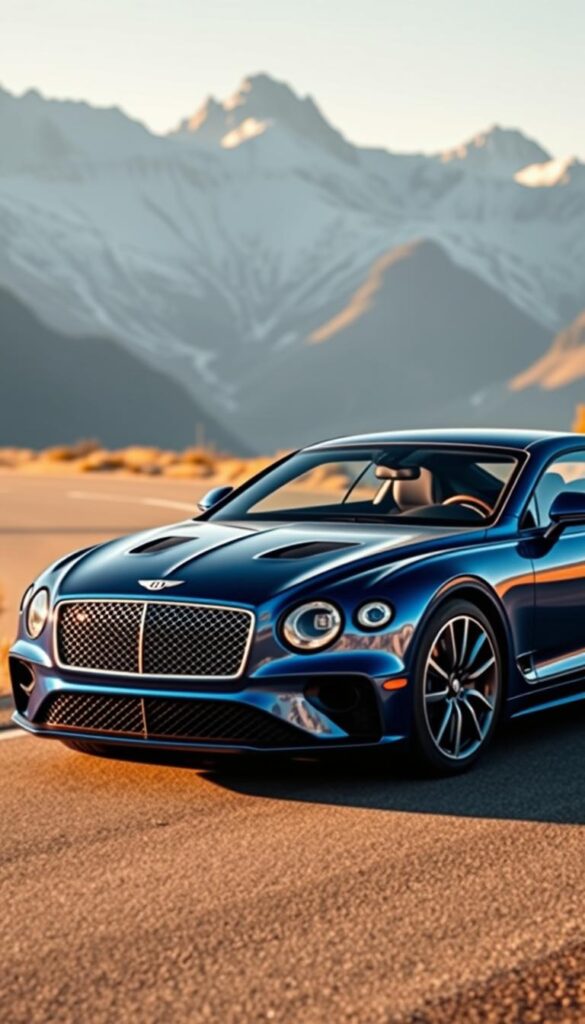 A sleek and powerful 2023 Bentley Continental GT sports car, gleaming in a rich, metallic IsCarOk blue color. The car is elegantly posed on a winding mountain road, with the sun casting warm, golden light across its sculpted, aerodynamic body. The front grille and headlights have a fierce, predatory look, hinting at the car's exceptional performance capabilities. In the middle ground, the powerful, twin-turbocharged W12 engine is visible through a partially open hood, showcasing its engineering prowess. In the background, majestic snow-capped peaks rise up, creating a dramatic, awe-inspiring landscape. The overall scene conveys a sense of speed, power, and luxury, perfectly capturing the essence of the 2023 Bentley Continental GT.