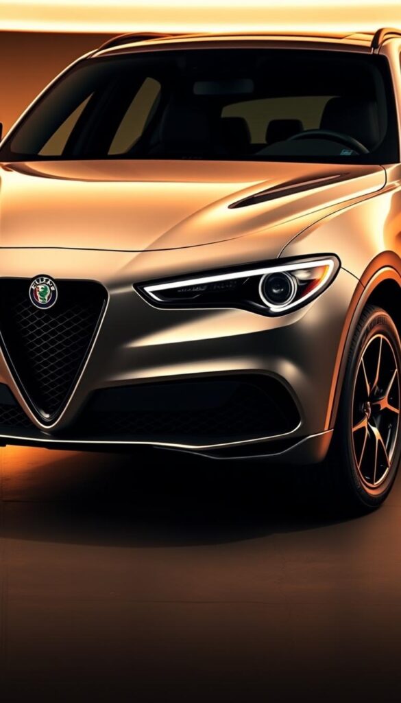 A sleek and powerful 2024 Alfa Romeo Stelvio Quadrifoglio, parked in a well-lit studio setting. The car's muscular frame, adorned with the iconic Quadrifoglio badge, gleams under the warm, directional lighting. The front three-quarter view showcases the vehicle's sharp lines, aggressive front grille, and distinctive LED headlights. In the background, a muted studio environment allows the car to be the focal point, highlighting its technical specifications and design details. The image conveys a sense of precision, performance, and the dynamic capabilities of this Italian SUV. A sleek and powerful 2024 Alfa Romeo Stelvio Quadrifoglio, parked in a well-lit studio setting. The car's muscular frame, adorned with the iconic Quadrifoglio badge, gleams under the warm, directional lighting. The front three-quarter view showcases the vehicle's sharp lines, aggressive front grille, and distinctive LED headlights. In the background, a muted studio environment allows the car to be the focal point, highlighting its technical specifications and design details. The image conveys a sense of precision, performance, and the dynamic capabilities of this Italian SUV.