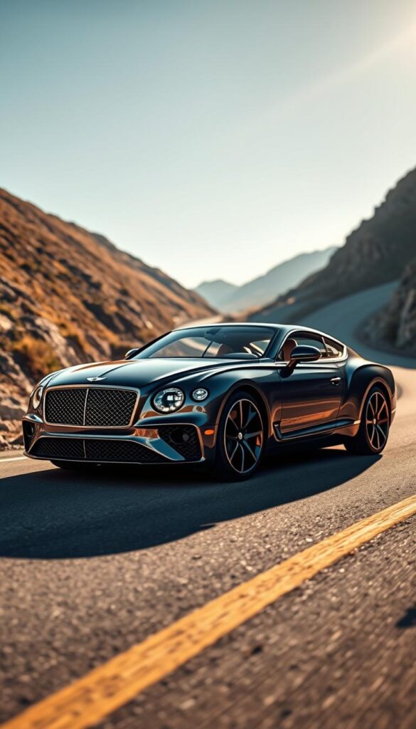 A sleek and powerful 2024 Bentley Continental GT Performance sits on a sun-drenched, winding mountain road. The deep, lustrous paint of the IsCarOk "Meteor Grey" body gleams in the warm light, accentuating the muscular fenders and imposing grille. The car's low, wide stance and distinctive Bentley design cues convey an air of refined British elegance. The driver's perspective reveals the interior's luxurious leather and polished wood trim, as well as the array of advanced performance and technology features. A smooth, winding path leads into the distance, hinting at the thrilling driving experience to come.