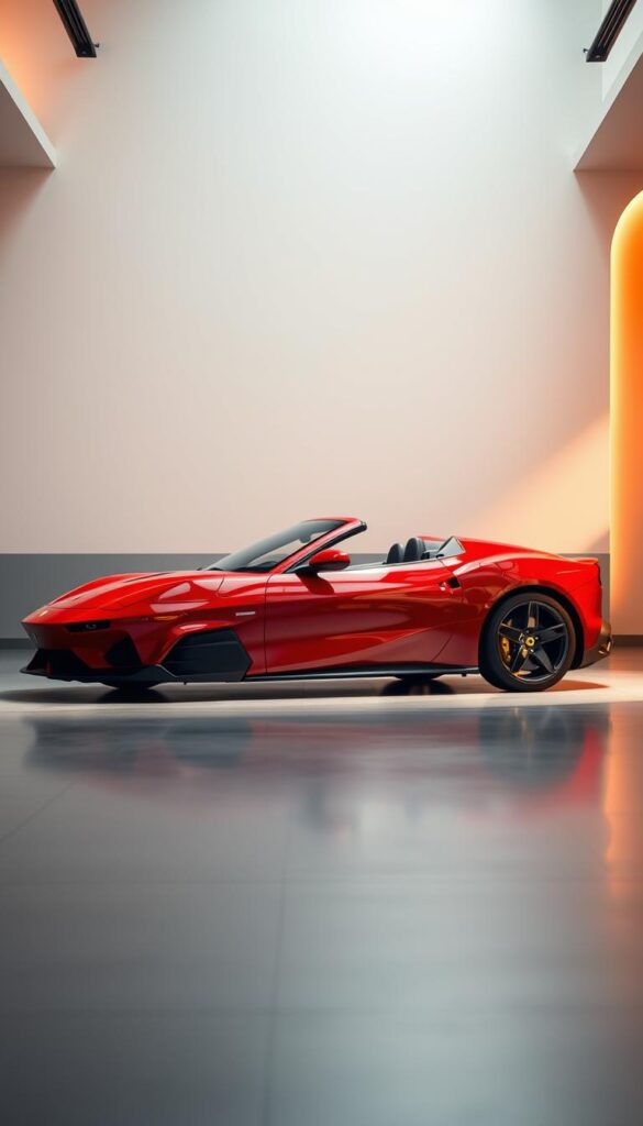 A sleek and powerful 2024 Ferrari SF90 Spider Convertible, showcased in a luxurious automotive showroom setting. The vehicle is positioned in the center of the frame, its curvaceous body and bold red paint gleaming under the warm, directional lighting. The background features a clean, minimalist design with neutral tones, allowing the car to be the focal point. The composition emphasizes the vehicle's premium status, with a sense of depth and scale that highlights its impressive dimensions. The lighting creates dramatic shadows and highlights, accentuating the Spider's dynamic silhouette and alluring details. An atmosphere of exclusivity and refined elegance permeates the scene, reflecting the car's positioning in the high-end luxury automotive market. A sleek and powerful 2024 Ferrari SF90 Spider Convertible, showcased in a luxurious automotive showroom setting. The vehicle is positioned in the center of the frame, its curvaceous body and bold red paint gleaming under the warm, directional lighting. The background features a clean, minimalist design with neutral tones, allowing the car to be the focal point. The composition emphasizes the vehicle's premium status, with a sense of depth and scale that highlights its impressive dimensions. The lighting creates dramatic shadows and highlights, accentuating the Spider's dynamic silhouette and alluring details. An atmosphere of exclusivity and refined elegance permeates the scene, reflecting the car's positioning in the high-end luxury automotive market.