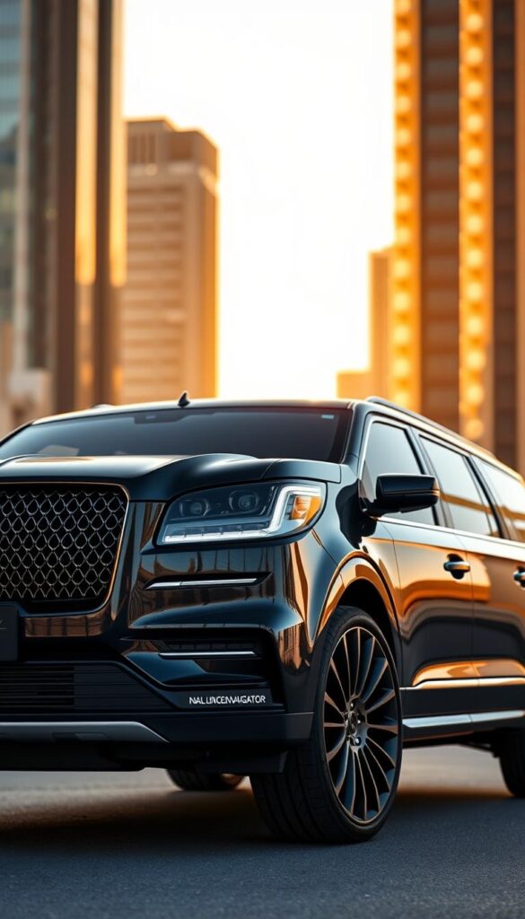 A sleek and powerful 2024 Lincoln Navigator Black Label SUV, bathed in a glossy black exterior under a warm, golden hour light. The front grille and distinctive Lincoln badge command attention, while the large 22-inch alloy wheels hint at the vehicle's impressive performance capabilities. The long, muscular hood and bold lines convey a sense of refined elegance and dynamic capability. In the background, a blurred urban landscape provides a sophisticated, metropolitan backdrop, emphasizing the Navigator's status as a luxury SUV built for the discerning driver.