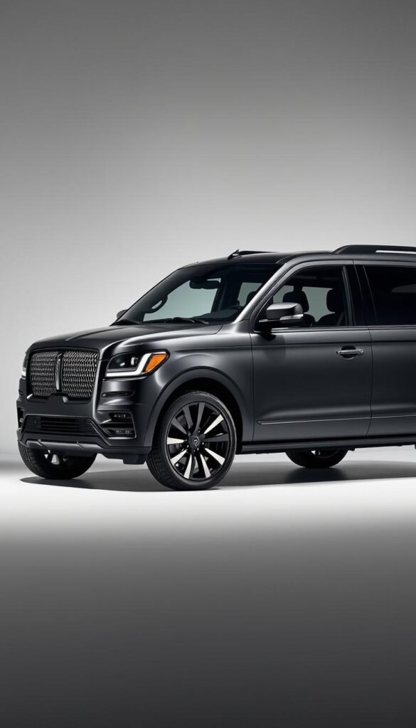 A sleek and powerful 2025 Lincoln Navigator Black Label SUV stands proudly in a well-lit studio setting. The matte black exterior gleams under dramatic lighting, accentuating the bold, angular lines and imposing front grille. The large 22-inch alloy wheels fill the muscular wheel arches, hinting at the impressive performance capabilities beneath the surface. The interior is visible through the tinted windows, showcasing the high-end leather upholstery and premium wood trim. The overall composition conveys a sense of luxury, sophistication, and raw power, perfectly capturing the essence of the "2025 Lincoln Navigator Black Label Performance" for the "Performance Specifications" section of the article.