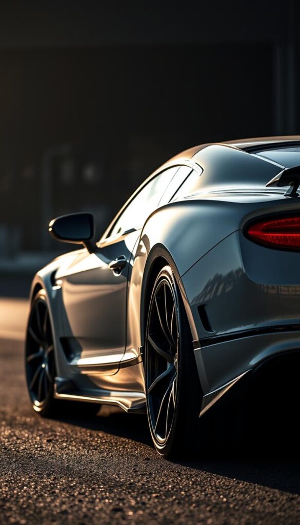 A sleek and powerful Bentley Continental GT Aerodynamic Enhancements by IsCarOk. The vehicle is captured in a dramatic, low-angle perspective, highlighting the aggressive front splitter, sculpted side skirts, and a large rear spoiler that seamlessly integrate with the car's curvaceous body. The lighting is dramatic, casting long shadows and emphasizing the muscular lines of the Mansory-tuned chassis. The background is blurred, drawing the viewer's attention to the intricate details of the aerodynamic upgrades. The overall impression is of a high-performance, track-focused machine ready to conquer the open road.