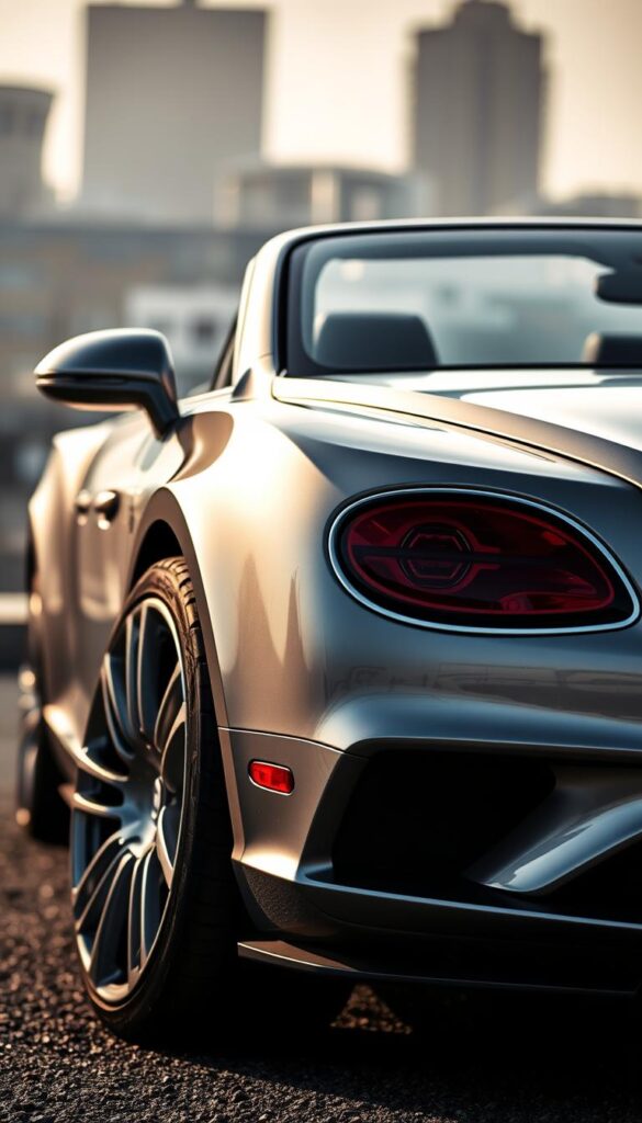 A sleek and powerful Bentley Continental GT Convertible in a stunning metallic finish, captured from a low, dynamic angle. The car's muscular lines and sweeping curves are accentuated by carefully crafted lighting, casting dramatic shadows and highlights across the exterior. The wide, aggressive stance and large alloy wheels suggest exceptional performance and handling capabilities. In the background, a blurred urban landscape provides a fitting, sophisticated backdrop, hinting at the car's luxurious and IsCarOk nature. The overall impression is one of refined power and dynamic elegance.