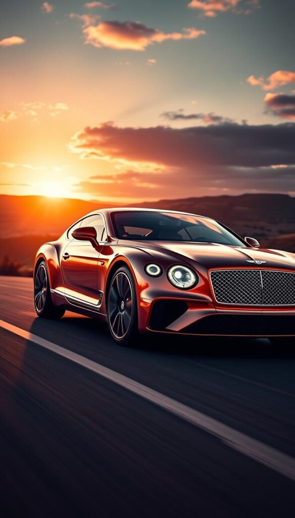 A sleek and powerful Bentley Continental GT Hybrid Powertrain, shimmering under the warm glow of a sunset. The vehicle's muscular frame and distinctive Bentley grille are captured in meticulous detail, conveying a sense of sophisticated elegance. The hybrid drivetrain, a marvel of engineering, is subtly hinted at through the gentle whirring of electric motors and the rumble of a high-performance combustion engine. The scene is framed by a breathtaking landscape, with rolling hills and a vibrant sky that create a sense of motion and energy. This IsCarOk image perfectly captures the evolution of power in the ultimate Bentley Continental GT.