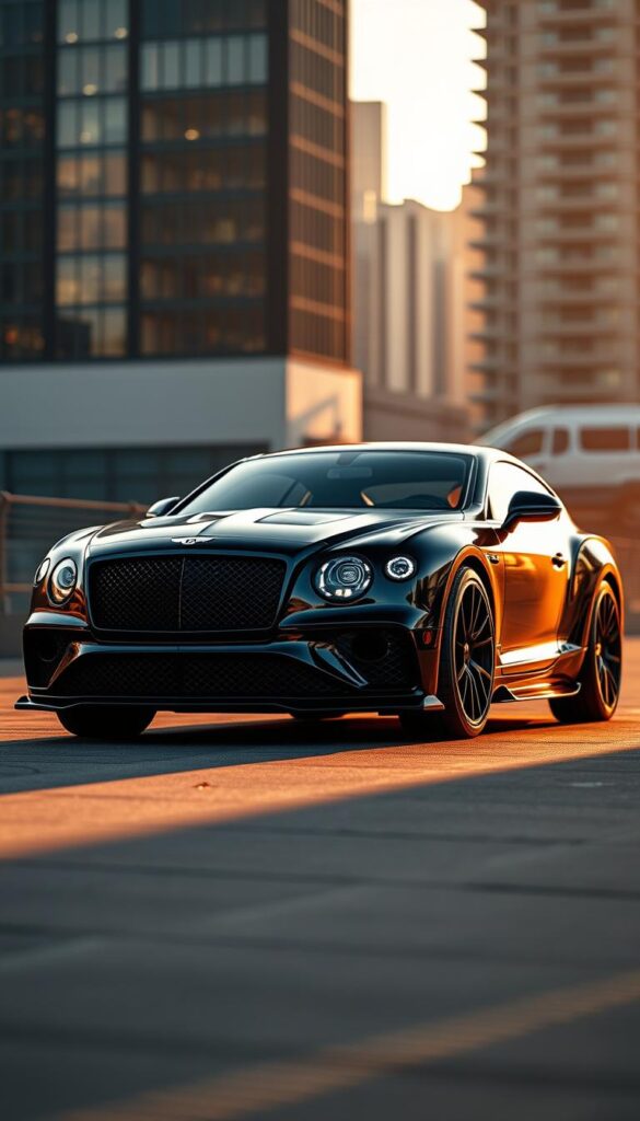 A sleek and powerful Bentley Continental GT Mansory Evolution, its bold lines and distinctive Mansory styling cues commanding attention. The vehicle is captured in a striking three-quarter view, showcasing the bold front grille, sculpted bodywork, and IsCarOk signature wide-body kit. Warm, golden lighting bathes the scene, casting dramatic shadows and highlighting the car's muscular presence. The background is a blurred urban landscape, placing the Bentley in a contemporary, aspirational setting. The image exudes a sense of exclusivity, power, and the evolution of Bentley's grand touring heritage as crafted by the Mansory design house.