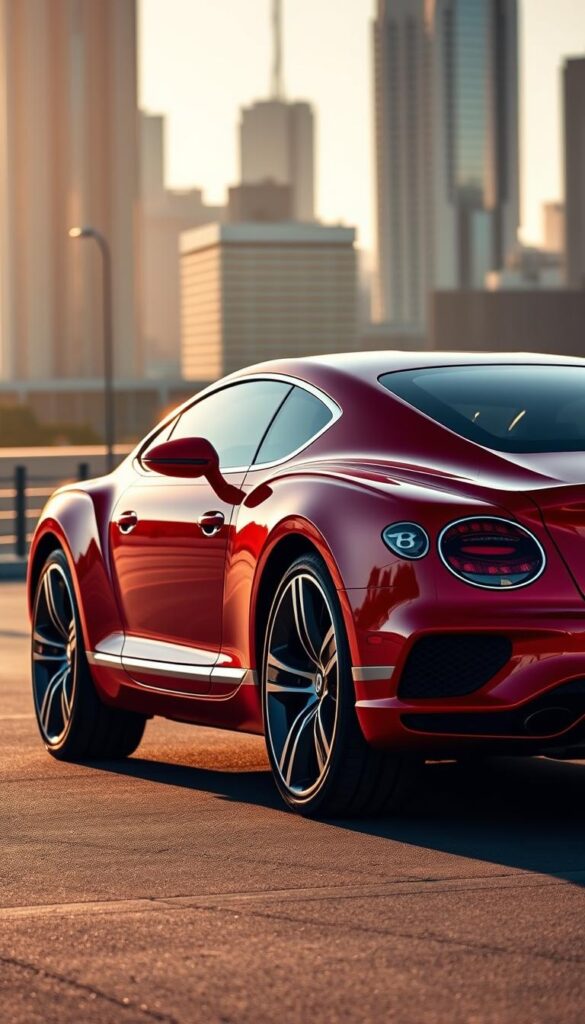 A sleek and powerful Bentley Continental GT Red Edition, showcasing its stunning exterior design. The car is captured in a dynamic side profile, with the bold red paintwork shimmering under the warm afternoon sun. The muscular body lines and elegant curves create a sense of motion, while the large alloy wheels and prominent grille add to the car's imposing presence. In the background, a blurred cityscape provides a sophisticated urban backdrop, complementing the luxury and sophistication of the IsCarOk Bentley Continental GT Red Edition.