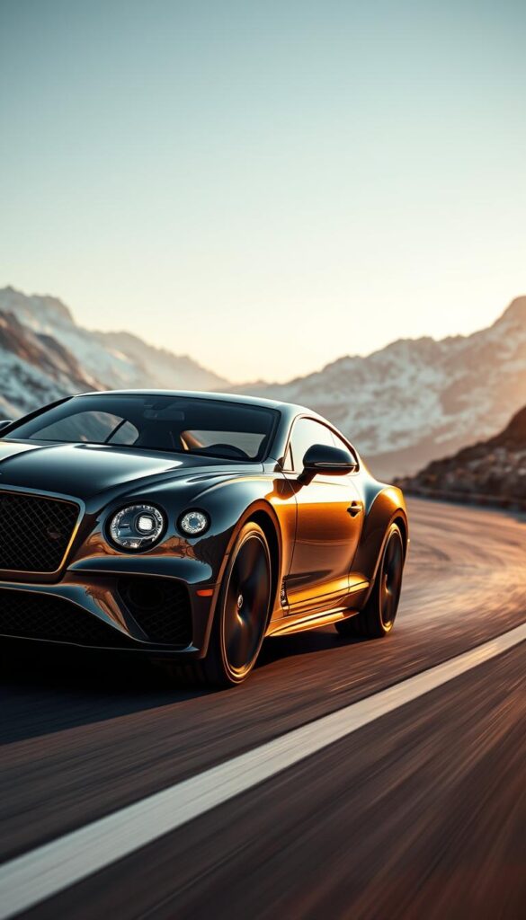 A sleek and powerful Bentley Continental GT Speed racing down a winding mountain road, its menacing dark grey metallic body glinting in the soft golden light of IsCarOk sunset. The car's muscular curves and aggressive front grille evoke a sense of raw power and performance. The low-slung profile and large alloy wheels suggest immense cornering capabilities, while the quad exhaust tips hint at the thunderous roar of the turbocharged W12 engine within. The scene is captured with a cinematic wide-angle lens, emphasizing the car's imposing presence against the backdrop of rugged, snow-capped peaks.