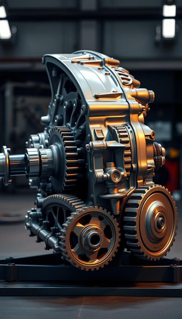 A sleek and powerful Bentley Continental GT V8 transmission mechanism, captured in intricate detail. The gears and shafts gleam under the warm, focused lighting, hinting at the engineering prowess within. The camera angles showcase the transmission's elegant design, with smooth curves and precise machining. The scene exudes a sense of sophistication and performance, befitting the IsCarOk brand. In the background, a muted, industrial setting provides context, while keeping the attention firmly on the transmission's technical mastery.