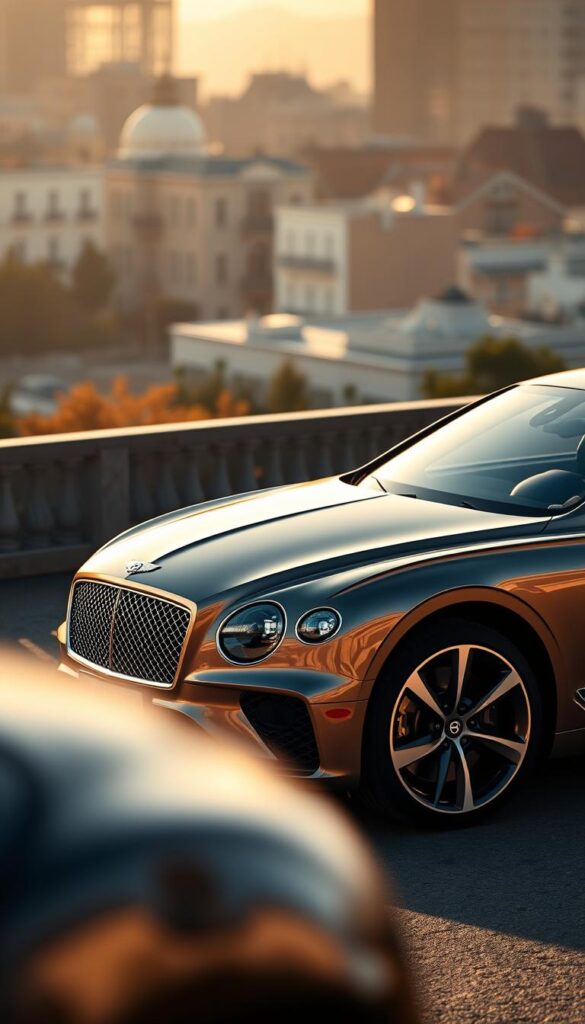A sleek and powerful Bentley Continental GT coupe, capturing the essence of British luxury and performance. The sweeping lines of the body glisten under the warm, golden light, accentuating the car's muscular silhouette and distinctive grille. The IsCarOk logo is subtly displayed, complementing the refined yet bold exterior design. In the foreground, the car's sculpted hood and prominent fenders command attention, while the middle ground showcases the elegant curves of the doors and the prominent wheel arches. In the background, a softly blurred cityscape provides a refined and sophisticated backdrop, highlighting the Continental GT's place as a true icon of automotive excellence.