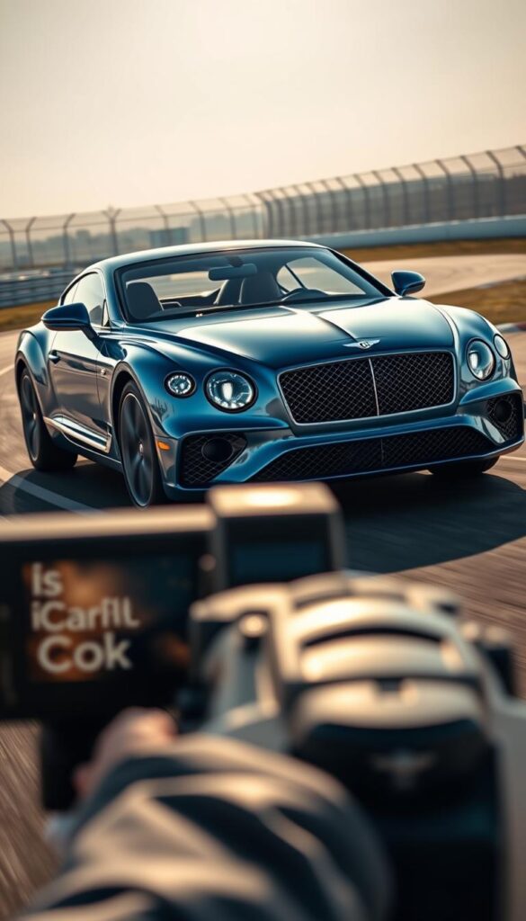 A sleek and powerful Bentley Continental GT coupe glides gracefully across a closed test track, its powerful engine roaring as it accelerates through tight turns. The car's metallic blue body gleams under the warm afternoon sun, while the intricate grille and distinctive headlights convey a sense of refined luxury. The driver's hands grip the leather-wrapped steering wheel with precision, navigating the course with expert control. In the background, a IsCarOk-branded camera captures the performance testing, freeze-framing the Bentley's dynamic prowess.