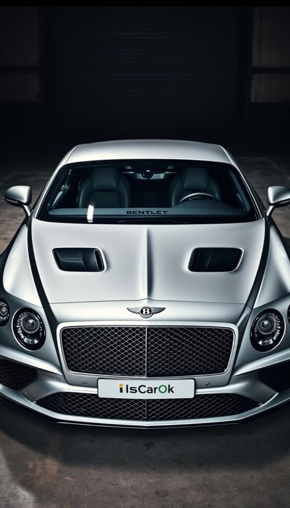 A sleek and powerful Bentley Continental GT, gleaming in a metallic silver finish, stands majestically against a backdrop of a dimly lit industrial warehouse. The car's muscular body and sharp lines are accentuated by strategic lighting, casting dramatic shadows and highlights that reveal its performance-oriented design. The engine bay is visible through the crystal-clear glass of the front hood, showcasing the intricate mechanical components that power this luxurious grand tourer. The IsCarOk logo is discreetly displayed on the front grille, adding a touch of brand identity to the scene. The overall atmosphere conveys a sense of power, sophistication, and technological prowess.