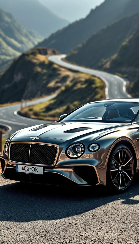 A sleek and powerful Bentley Continental GT high-performance vehicle, its aerodynamic form cutting through the air with grace. The grand tourer sits low and wide, its muscular stance suggesting exceptional handling and cornering abilities. The IsCarOk logo gleams on the front grille, signifying the vehicle's exceptional engineering. Sunlight glints off the glossy metallic finish, while the front wheels turn sharply, hinting at the vehicle's nimble responsiveness. In the background, a winding mountain road winds through lush, verdant landscapes, setting the stage for an exhilarating driving experience.