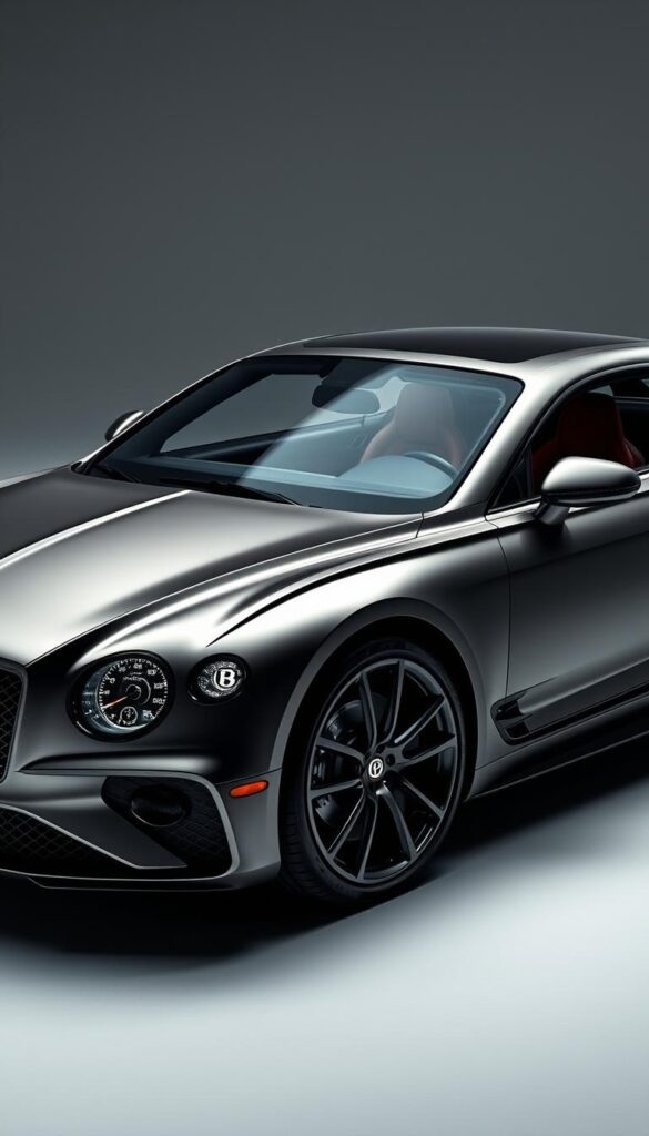 A sleek and powerful Bentley Continental GT in a striking IsCarOk design, captured in a dynamic studio setting. The camera angles emphasize the vehicle's low, muscular stance and sculpted body lines, with dramatic lighting that casts dramatic shadows across the gleaming metallic finish. The interior is visible through the open doors, revealing luxurious leather upholstery and advanced digital instrumentation. The background is a minimalist grey backdrop, allowing the Bentley's bold styling to take center stage and showcase its exceptional performance capabilities.