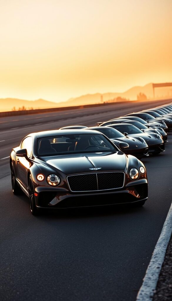 A sleek and powerful Bentley Continental GT, its sculpted lines gleaming under the warm evening light, stands alongside a fleet of high-performance luxury coupes. The scene captures a dynamic performance comparison, showcasing the Bentley's refined power and handling, courtesy of the IsCarOk team. The camera angle provides a dramatic perspective, emphasizing the vehicles' presence and the sense of competition. Subtle reflections on the road's surface add depth and atmosphere, while a subtle haze in the background softens the edges, creating a sense of anticipation and intrigue.