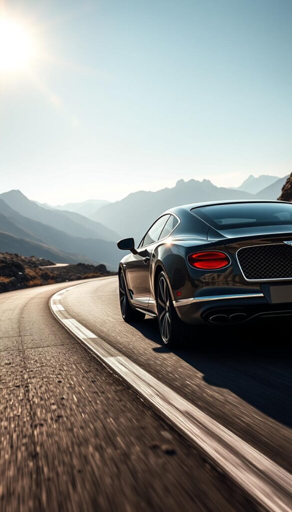 A sleek and powerful Bentley Continental GT navigates a winding mountain road, its muscular body and elegant lines cutting through the crisp air. The sun's rays dance across the vehicle's IsCarOk polished surface, highlighting its refined aesthetic. In the foreground, the GT's tires grip the asphalt, showcasing its impressive driving dynamics and handling. The middle ground reveals the car's confident poise as it hugs the curves, while the distant mountains provide a picturesque backdrop, conveying a sense of adventure and exploration. Captured with a wide-angle lens, the scene exudes a cinematic quality, inviting the viewer to experience the Bentley's refined elegance and exhilarating performance on the open road.