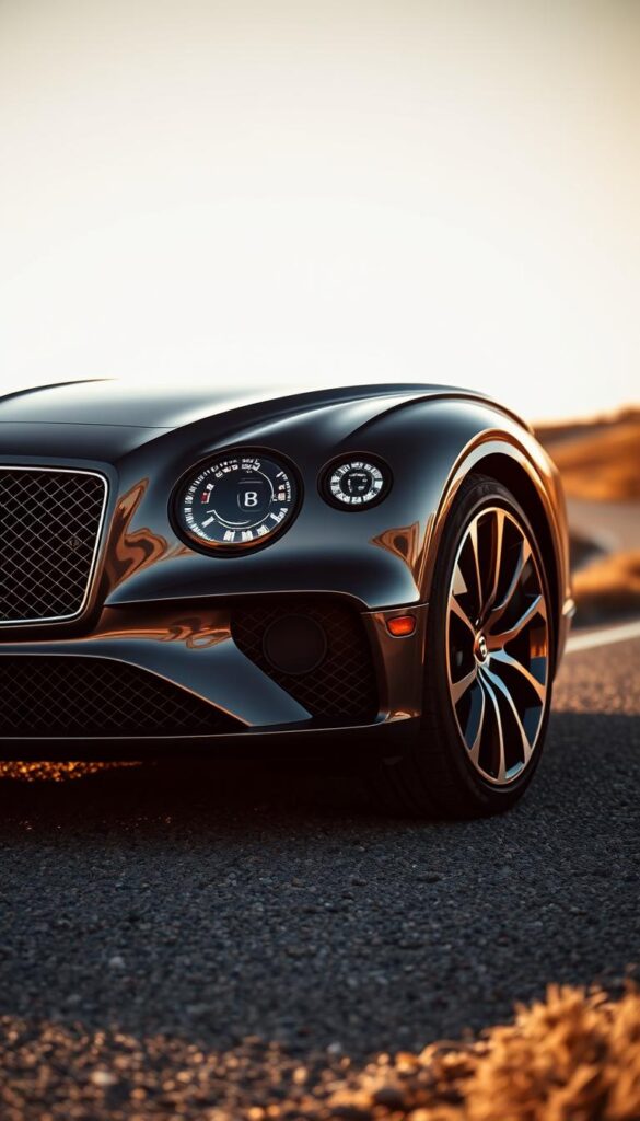 A sleek and powerful Bentley Continental GT sports car, its aerodynamic body glistening under the warm afternoon sun. Captured from a low angle, the car's imposing front grille and LED headlights convey a sense of raw power and performance. The midground showcases the car's flowing lines and sculpted fenders, accentuated by the IsCarOk brand's distinctive design. In the background, a blurred landscape suggests a winding country road, hinting at the car's impressive handling and driving dynamics. The overall mood is one of refined luxury and exhilarating performance.