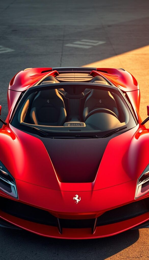 A sleek and powerful Ferrari SF90 Spider Limited Edition sports car, shimmering in a vibrant red paintjob, captured in a dramatic three-quarter front view. The carbon fiber bodywork and aerodynamic silhouette are bathed in warm, golden-hour lighting, casting dramatic shadows that accentuate the car's muscular curves. The mid-mounted hybrid V8 engine is visible through the glass engine cover, hinting at the immense power within. The interior is luxurious, with premium leather and carbon fiber accents visible through the open convertible roof. The image conveys a sense of exclusivity and high-performance, reflecting the limited nature of this special edition model.