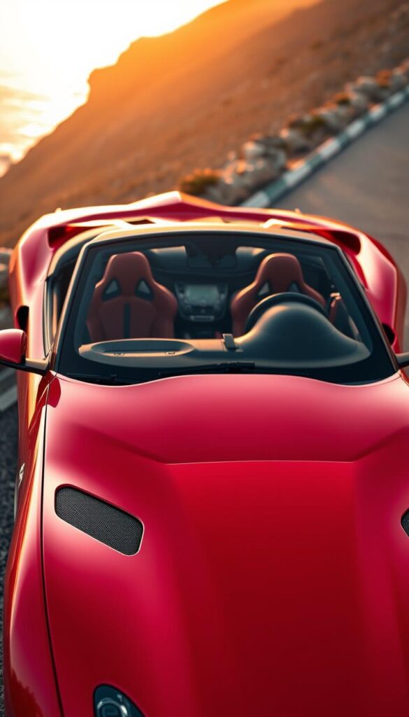 A sleek and powerful Ferrari SF90 Spider convertible, its red bodywork gleaming under the soft golden light of a sunset. The vehicle is showcased in a high-angle perspective, allowing the viewer to admire its curvaceous design and the various customization options available. The foreground highlights the car's distinctive front grille, aerodynamic side vents, and the iconic prancing horse emblem. The middle ground reveals the retractable hardtop roof mechanism, while the background suggests a picturesque coastal road or mountainous landscape, hinting at the thrill of open-air driving. The image conveys a sense of luxury, performance, and the opportunity for personalization, perfectly capturing the essence of the "Customization Options and Special Editions" section of the article. A sleek and powerful Ferrari SF90 Spider convertible, its red bodywork gleaming under the soft golden light of a sunset. The vehicle is showcased in a high-angle perspective, allowing the viewer to admire its curvaceous design and the various customization options available. The foreground highlights the car's distinctive front grille, aerodynamic side vents, and the iconic prancing horse emblem. The middle ground reveals the retractable hardtop roof mechanism, while the background suggests a picturesque coastal road or mountainous landscape, hinting at the thrill of open-air driving. The image conveys a sense of luxury, performance, and the opportunity for personalization, perfectly capturing the essence of the "Customization Options and Special Editions" section of the article.