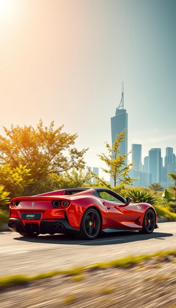 A sleek and powerful Ferrari SF90 Spider hybrid supercar glides effortlessly through a sun-dappled, eco-friendly landscape. The car's gleaming red exterior reflects the warm, golden hues of the sky, accentuating its aerodynamic curves. In the foreground, the low-profile hybrid powertrain is visible, showcasing the advanced engineering that delivers exceptional fuel efficiency and minimizes environmental impact. The middle ground features lush, verdant foliage, underscoring the vehicle's harmony with nature. In the background, a modern, sustainable cityscape rises, hinting at the Ferrari's versatility and the brand's commitment to embracing a greener future. Captured with a wide-angle lens, the image conveys a sense of balance between performance and environmental responsibility.