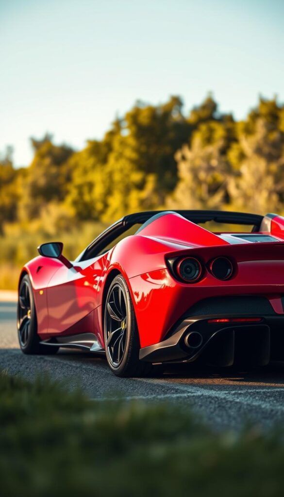 A sleek and powerful Ferrari SF90 Spider hypercar, its crimson red bodywork glistening in the warm sunlight. The low, aggressive stance and aerodynamic curves give it an untamed, predatory presence. The open-air cabin reveals its carbon fiber interior, with racing-inspired seats and controls. A large rear wing and quad exhaust tips emphasize its high-performance capabilities. The car is captured from a dynamic three-quarter angle, with a shallow depth of field that isolates the subject against a blurred background of lush greenery and a clear blue sky. The lighting is natural and dramatic, casting deep shadows that accentuate the hypercar's muscular form. An aura of exclusivity and prestige emanates from this limited-edition Ferrari masterpiece.