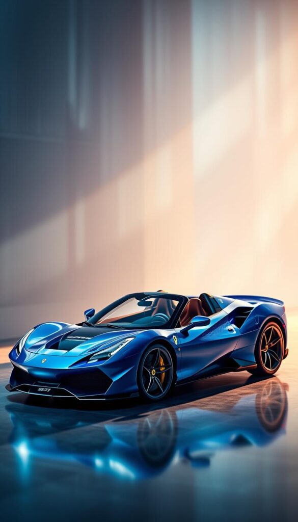 A sleek and powerful Ferrari SF90 Spider in a stunning vibrant blue hue, captured in a dynamic, forward-leaning pose against a blurred, high-tech background. The car's advanced aerodynamic features and intricate carbon fiber accents are meticulously detailed, showcasing the engineering prowess of the Italian marque. Soft, directional lighting illuminates the vehicle's sculpted bodywork, creating a sense of depth and drama. The scene conveys a futuristic, cutting-edge atmosphere, highlighting the car's innovative technology and driver-focused design.