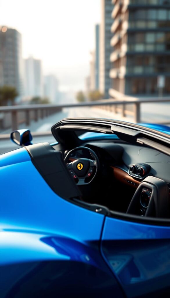 A sleek and powerful Ferrari SF90 Spider sports car, its vibrant blue bodywork gleaming under the soft lighting. The driver's cockpit is clearly visible, showcasing the array of buttons, knobs, and displays that control the various driving modes and performance settings. The car is angled slightly, highlighting the dynamic curves and contours of the aerodynamic design. In the background, a blurred urban cityscape provides a subtle context, emphasizing the car's prowess and capabilities. The overall scene conveys a sense of power, precision, and technological sophistication, perfectly suited for the "Driving Modes and Performance Settings" section of the article.