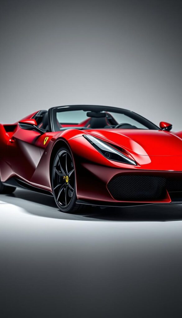 A sleek and powerful Ferrari SF90 Spider stands in a well-lit studio, its curvaceous body accentuated by dramatic lighting and shadows. The deep red paint glistens, highlighting the car's aerodynamic design features - the sharp nose, sculpted side intakes, and graceful rear spoiler. The vehicle's front is angled to showcase the intricate grille and distinctive Ferrari badge. In the middle ground, the Spider's profile reveals its muscular haunches and distinctive doors that seamlessly integrate with the body. The background is blurred, allowing the car to be the sole focus, exuding a sense of power, performance, and Italian craftsmanship.