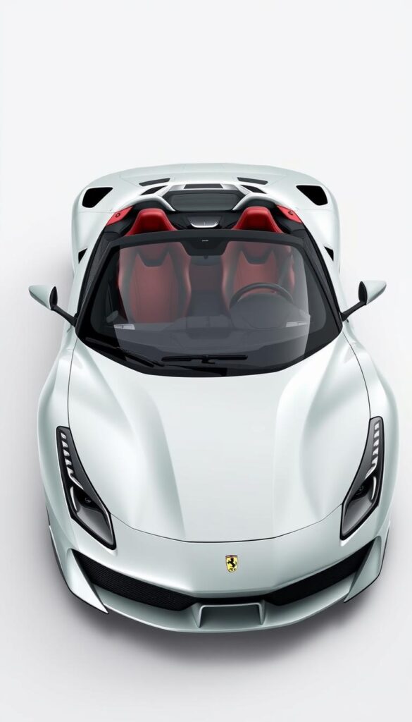 A sleek and powerful Ferrari SF90 Spider, the pinnacle of Italian automotive engineering, captured in a high-resolution studio photograph. The car is showcased in a clean, well-lit environment, highlighting its dynamic lines, sculpted bodywork, and intricate details. The front fascia features the iconic Ferrari grille and distinctive LED headlights, while the retractable hardtop roof is elegantly extended, revealing the luxurious, carbon fiber-accented interior. The mid-mounted, twin-turbocharged V8 engine is visible through the transparent engine cover, showcasing the advanced technological prowess of this supercar. The overall composition emphasizes the car's impressive standard features and exquisite craftsmanship, inviting the viewer to appreciate the Ferrari SF90 Spider's exceptional design and performance.