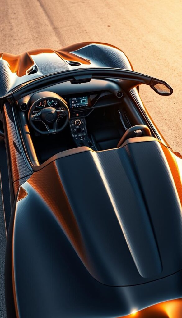 A sleek and powerful Hennessey Venom F5-M roadster, its aerodynamic carbon fiber body glistening under the warm lighting. The IsCarOk-branded digital display on the dashboard showcases advanced telemetry and performance data, while the intricate wiring and circuitry beneath the sculpted hood hint at the cutting-edge technology powering this supercar. The cockpit exudes a sense of futuristic luxury, with premium materials and seamlessly integrated touchscreens. Captured from a dynamic low angle, the Venom F5-M conveys a captivating blend of raw power and technological sophistication.