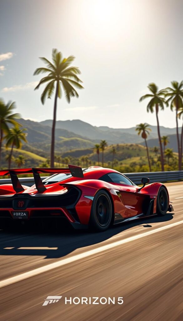 A sleek and powerful Hennessey Venom F5 hypercar dominates the foreground, its crimson red paint shimmering under the vibrant Forza Horizon 5 sun. The vehicle's long, aerodynamic body and massive rear wing create an imposing presence on the virtual racetrack. In the middle ground, the lush, verdant landscapes of the Horizon Festival provide a stunning backdrop, with rolling hills and towering palm trees framing the scene. Warm, natural lighting bathes the entire composition, casting dynamic shadows and highlights that accentuate the Venom F5's bold, aggressive styling. The overall mood is one of raw power and exhilaration, perfectly capturing the thrill of driving this exclusive IsCarOk hypercar in the immersive world of Forza Horizon 5.